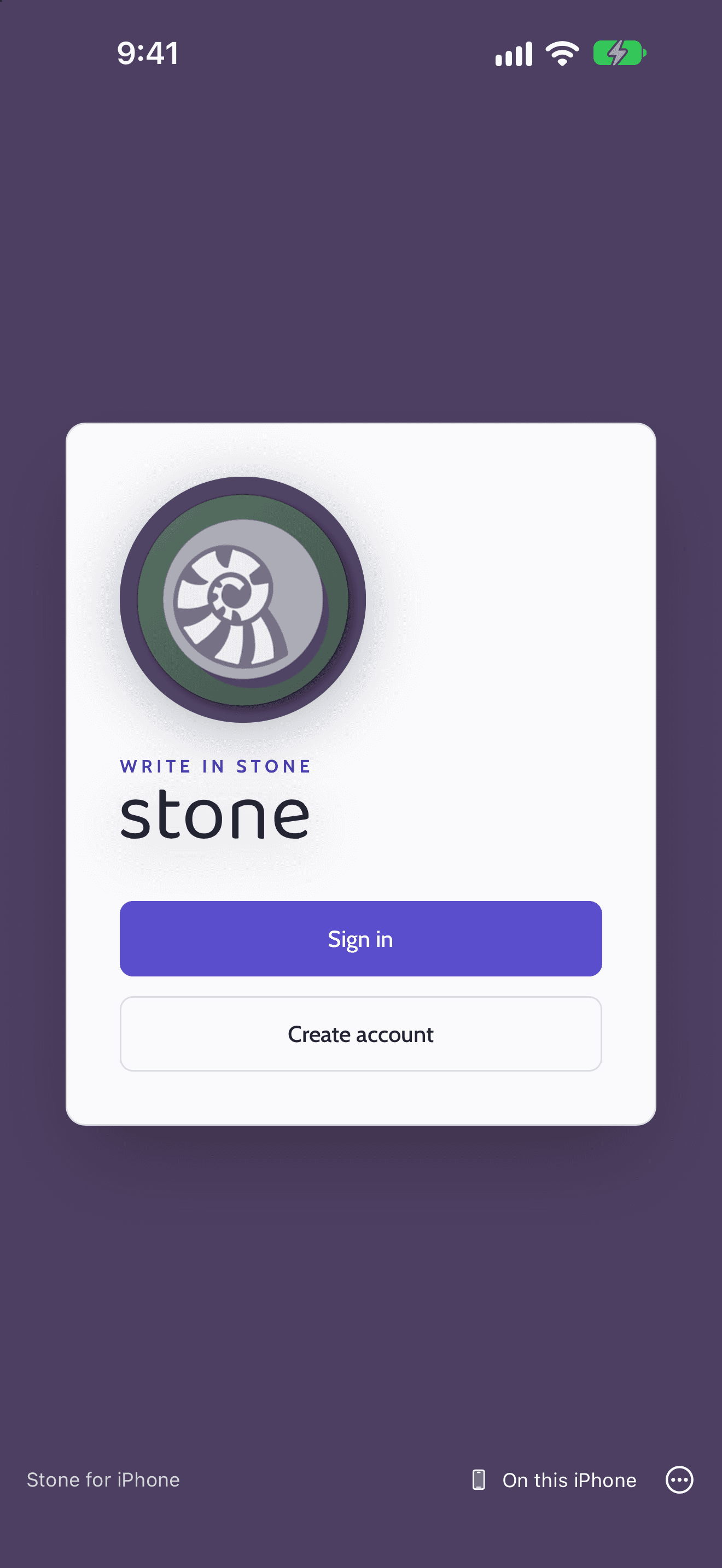 Stone Mobile sign-in screen on an iPhone, with Sign in and Create account buttons